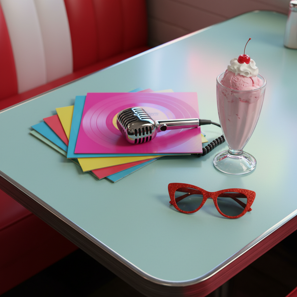 An overhead shot of a classic 50s diner table set for a rockabilly night: a pale turquoise Formica tabletop with chrome trim, holding a neatly stacked pile of vintage-style vinyl records in colorful sleeves, a shiny chrome microphone lying across them, and a pair of cat-eye sunglasses with glittery red frames. Nearby, a tall milkshake glass filled with strawberry ice cream and topped with whipped cream and a cherry adds playful sweetness. The surrounding red vinyl booth seating is visible at the edges, softly blurred. Cool neon reflections dance across the chrome surfaces from off-frame signage. The lighting is a mix of warm interior glow and electric neon hues, creating an energetic yet cozy mood in sharp, photographic detail.