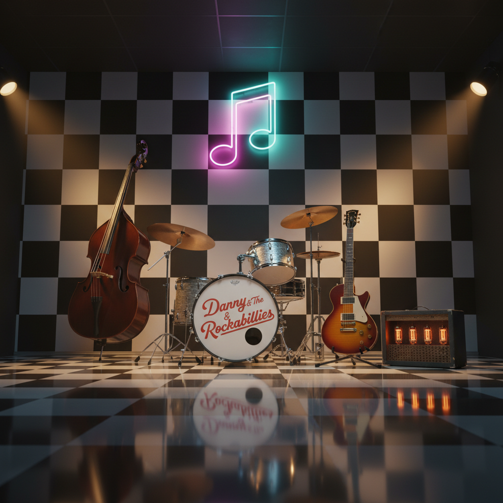 A wide interior view of a 50s-style diner stage area with no performers, just the instruments waiting: a stand-up bass leaning against a checkerboard wall, a drum kit with a custom "Danny & The Rockabillies" logo on the bass drum head, and an electric guitar resting on a stand beside a small tube amplifier with glowing orange valves. The floor is shiny black-and-white tile, and overhead a neon sign shaped like a musical note bathes the scene in magenta and teal light. Warm spotlights from above highlight the instruments, casting elongated shadows. Shot from a low angle with moderate depth of field, the photographic image feels charged with anticipation, playful, and full of vintage rock’n’roll energy.