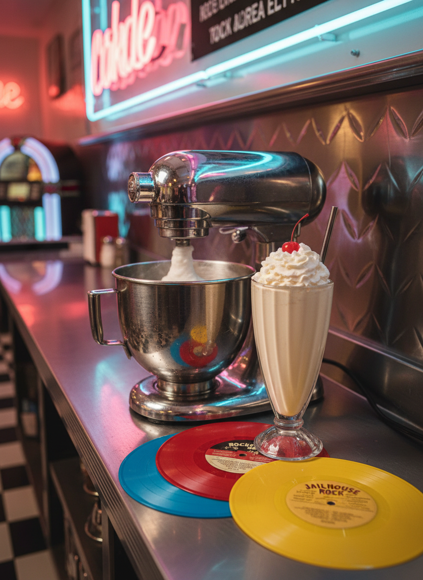 A stylized dessert counter scene in a 50s diner, captured in lush photographic realism: a tall chrome milkshake mixer, mid-motion with a frosty metal cup, stands beside a perfectly swirled vanilla milkshake in a fluted glass, topped with whipped cream and a maraschino cherry. On the counter, a small stack of colorful 45 rpm vinyl records leans against the mixer, their labels referencing classic rock’n’roll tunes. Neon reflections in pink and aqua ripple across the stainless-steel backsplash. The lighting is warm but accented by cool neon glow, casting playful highlights and gentle shadows. Shot at eye level with a shallow depth of field, the mood is indulgent, energetic, and nostalgically fun, matching the lively spirit of a rockabilly diner band.