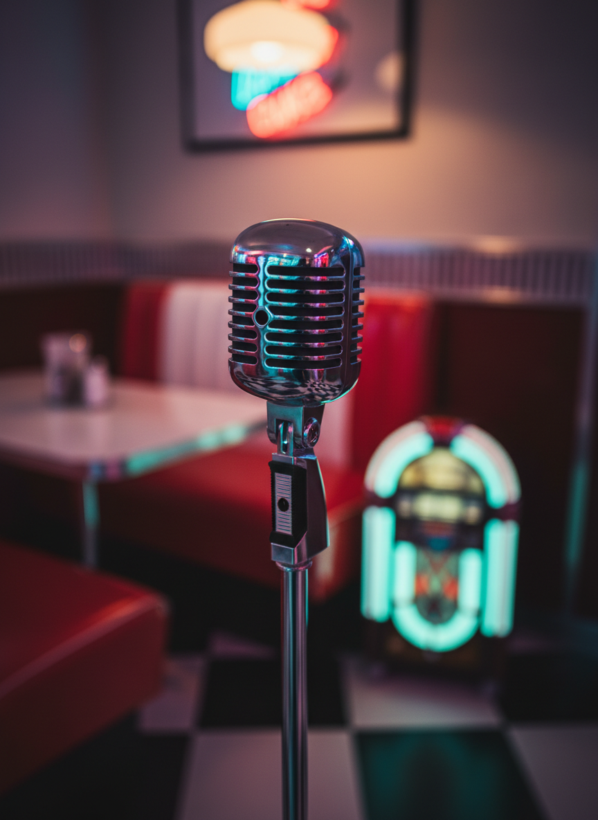 A close-up of an old-school chrome microphone on a slender stand, positioned center stage in a retro diner corner. The mic’s horizontal grille bars and polished metal casing catch reflections of surrounding neon in turquoise and hot pink, while the stand disappears into a shallow depth of field. Behind it, slightly out of focus, a red vinyl booth, a tiny tabletop jukebox, and a checkerboard floor hint at the 50s setting. A soft spotlight from above illuminates the microphone, creating a subtle halo effect and gentle shadow down the stand. The photographic composition is centered and dramatic, with an energetic, playful atmosphere suggesting rockabilly vocals about to burst into song.