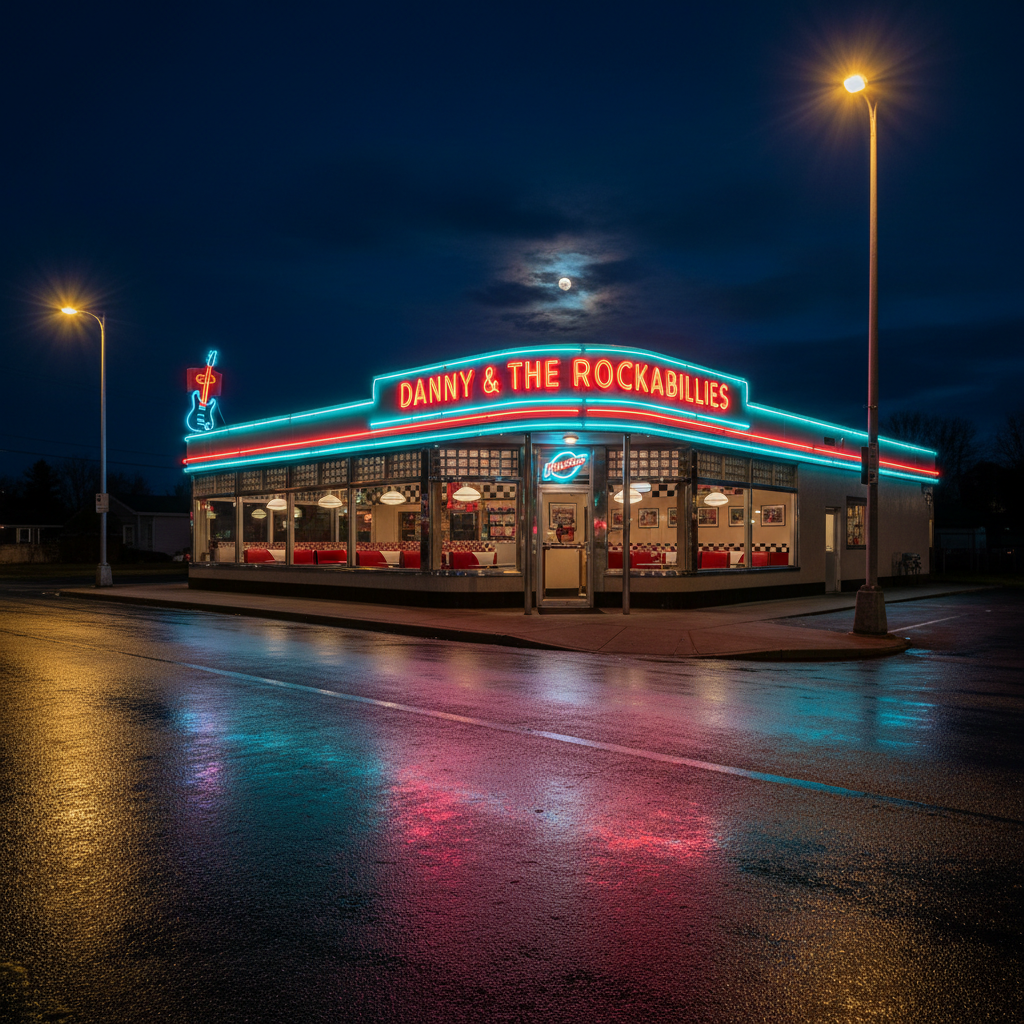 A night-time exterior of a 50s-style diner called "Danny & The Rockabillies" shown in bold neon script above the entrance, rendered in bright red and aqua. The building has curved glass block corners, chrome trim, and large front windows revealing hints of red booths and checkerboard flooring inside. A classic neon sign depicting a stylized guitar and musical notes glows against a deep navy sky. The wet pavement in front reflects all the colors, adding shimmering texture. Streetlights and the diner’s own lighting create a cinematic glow with soft pools of light and gentle shadows. Photographed from a three-quarter angle at street level, the scene feels vibrant, inviting, and playfully nostalgic in crisp photographic realism.